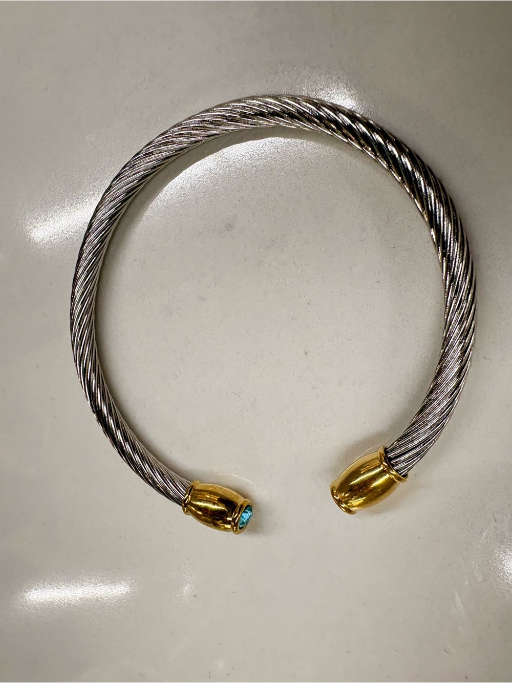 Mixed-Metal Stainless Steel No Tarnish Cuff Bracelet Gold Caps with Blue Accent